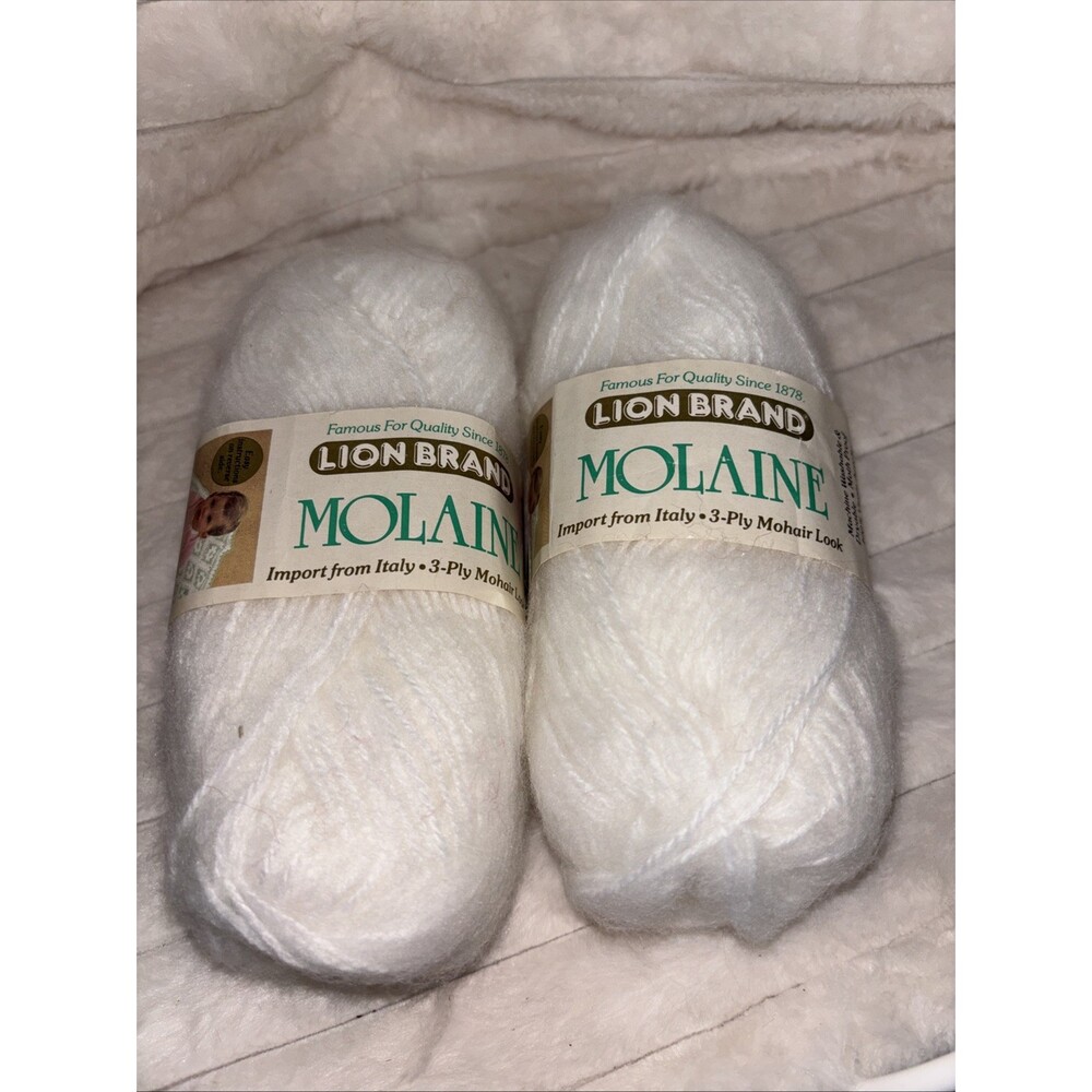2 Skeins Lion Brand Molaine 3-Ply Mohair Look Yarn Italy White Lot No. 1244 VTG